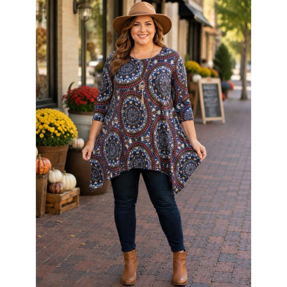 Paisley Grace Boho Medallion Sharkbite Tunic Top Women's L XL Blue Stretch DD12